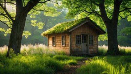 cabin, woods, forest, moss, nature, rustic, hidden, greenery, trees, foliage, sunlight, shadows, old, wooden