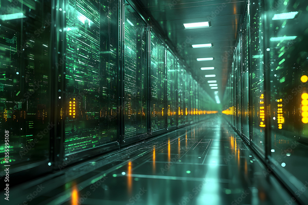 Wall mural a futuristic server room with glowing green circuits and a long hallway suggesting data processing a