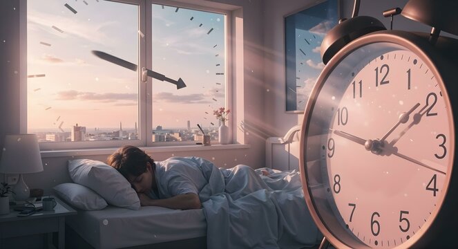 Time's Passage: A person sleeps peacefully in a sunlit bedroom, an antique clock foreground emphasizing the passage of time.
