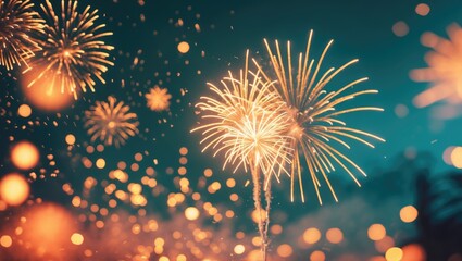 Gold and blue fireworks with bokeh and copy space. Abstract holiday background.