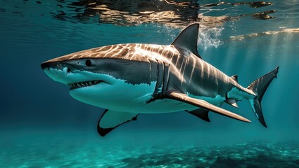 Fototapeta premium Great white shark swimming beneath sun rays in the blue ocean with its four main fins.