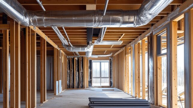 HVAC ductwork installation in a house under construction, with exposed pipes running along the ceiling.