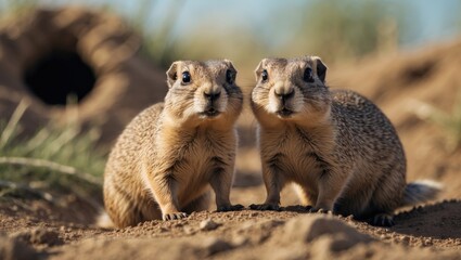 Fototapeta premium Close-up of two young black-tailed prairie dogs atop their burrow.