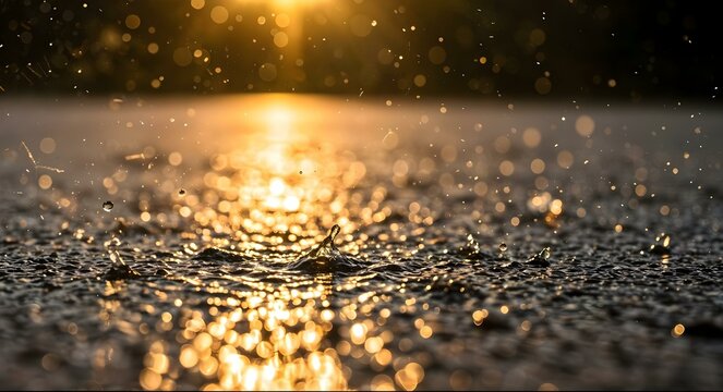 Golden Rain Embrace: A close-up shot of a wet road glistening under the golden rays of the sun. The drops of rain dance in the air, creating a mesmerizing effect. - Powered by Adobe