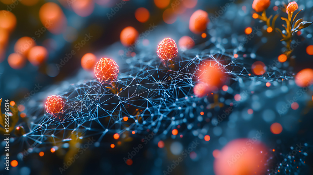 Wall mural abstract artwork showing interconnected structures with glowing spheres. suitable for scientific vis
