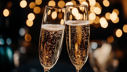 Two champagne flutes filled with bubbly champagne, ready to toast.  Sparkling bubbles rise in the golden liquid.  Blurred festive background