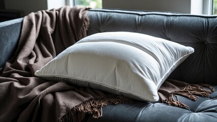 Blank plush pillow resting on sofa