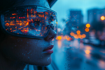A person wearing futuristic glasses looks out a wet window with city lights reflecting in the lenses. Suggesting augmented reality or data visualization applications.
