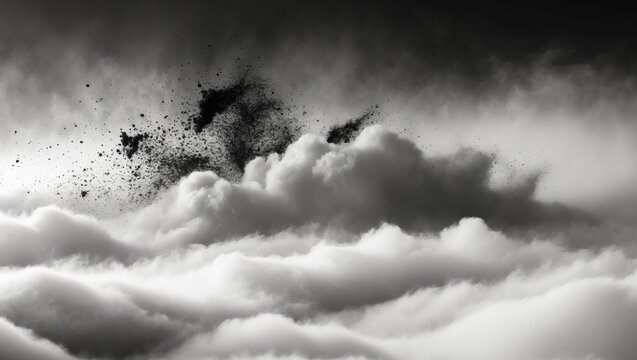 Black particles scattered on white background. Black dust powder splashing.