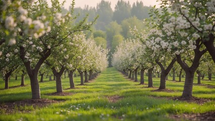 Obraz premium Blossoming apple orchard during springtime. Retro-filtered. World of beauty.