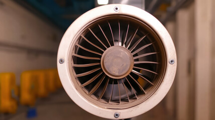 Close up of fan blades spinning inside fan coil unit, showcasing intricate design and engineering. image evokes sense of motion and functionality