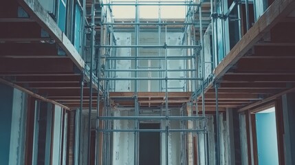 Interior scaffolding inside an unfinished office tower, revealing exposed framework.
