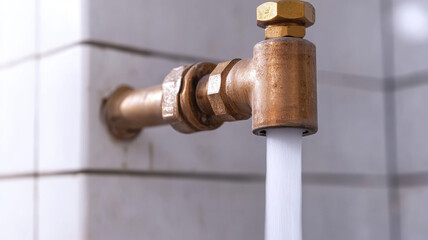 Water flows through copper pipe connection, showcasing plumbing details modern setting. image captures functionality and design of installation