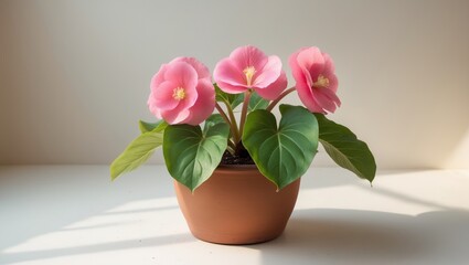Begonia flower in a terracotta pot set against a white background.