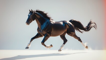 Black horse galloping in isolation against a white background.