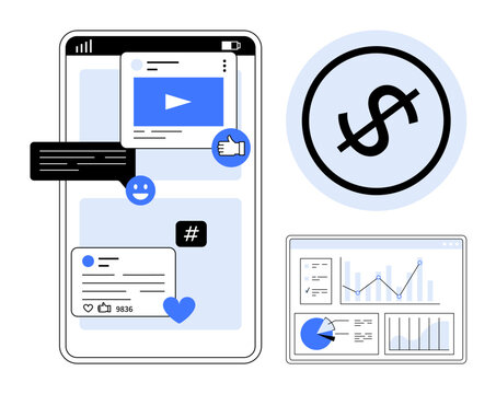 Smartphone screen displaying social media activity, analytics dashboard with charts, and a dollar sign in a circle. Ideal for marketing, analytics, income, strategy, content, social trends finance