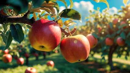 Big juicy red apples hanging on trees in fruit orchard ready for harvest.