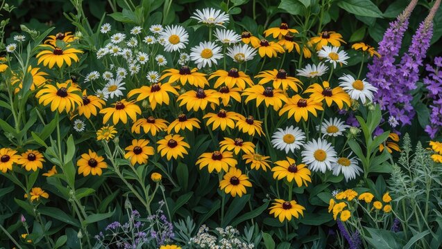 Black-eyed Susans, wild bergamot, and various flowers in a restored prairie garden.