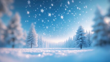 Winter scenery featuring snow and a blurred forest, with gently falling snowflakes against a blue sky. Wide panorama format.