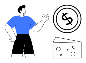 Confident person gestures towards a round dollar coin and a cheese wedge with holes. Ideal for finance, wealth, investment, food economy, budgeting, financial goals, flat simple metaphor