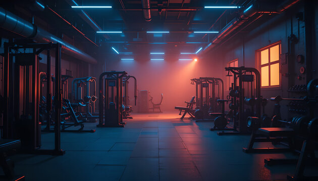Moody Gym Interior: Atmospheric Workout Space - Neon Lit Fitness Center: Empty Gym with Dramatic Lighting