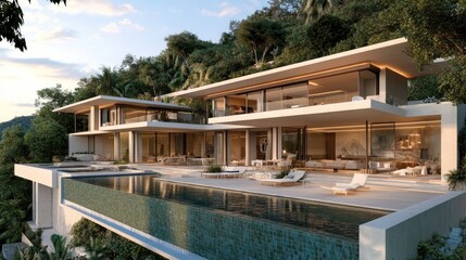 Fototapeta premium Luxurious beachfront real estate development with modern villas overlooking the ocean.