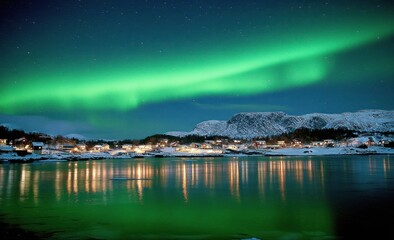 Northern Lights over winter village reflected in calm water