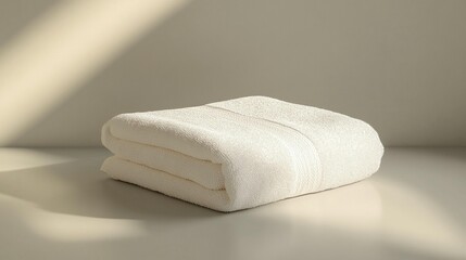 Soft, folded white bath towel on a bright surface, illuminated by sunlight.