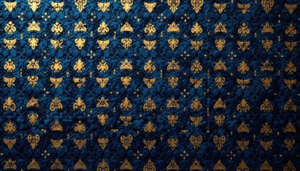 Geometric tapestry wallpaper with bold repeating motif in deep navy and gold, wallcovering, interior design