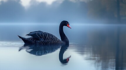 Obraz premium Black swan swims on misty lake at dawn, reflection visible