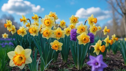 Fototapeta premium Blooming yellow daffodils in a garden. Field of daffodils. Gorgeous orange flowers set against a blue sky. Shallow depth of field.