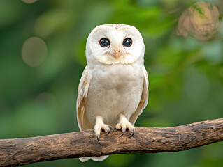 Cute fluffy white owl perched on branch, showcasing its large eyes and soft feathers, surrounded by lush green background