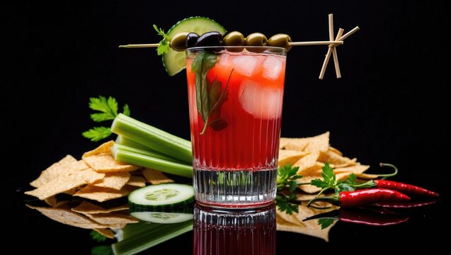 Bloody Mary cocktail garnished with a stick and assorted snacks on a black background.