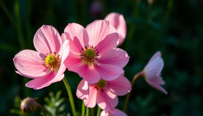Fototapeta premium Delicate pink anemones unfurl in soft morning light, dew-kissed petals against vibrant green , texture, vibrant