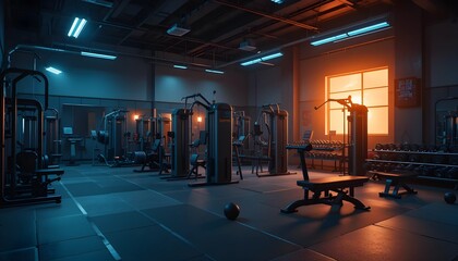 Neon Lit Fitness Center Empty Gym with Dramatic Lighting - Industrial Style Gym Dimly Lit Exercise Equipment