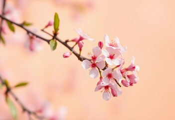 Obraz premium Delicate pink blossoms against a soft peach spring backdrop, outdoor, floral design