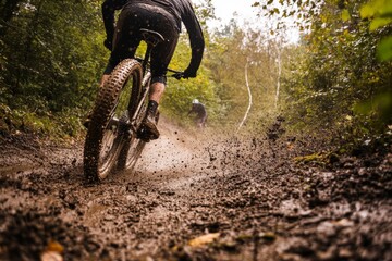 Two mountain bikers ride through a muddy forest trail, splashing water and mud as they navigate the challenging terrain under overcast skies Generative AI