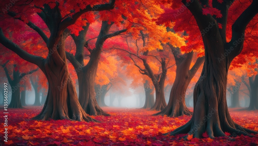 Poster autumn scenery featuring a stunning park adorned with vibrant red leaves and ancient trees. a beauti