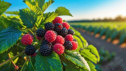 Blackberries maturing on a bush