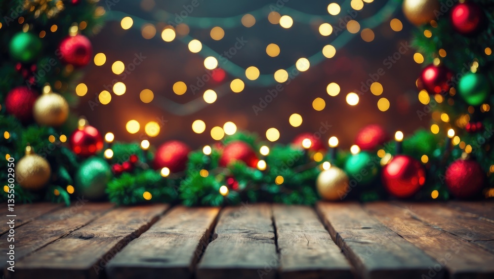 Poster an unoccupied wooden table positioned against a background of festive lights and holiday decorations