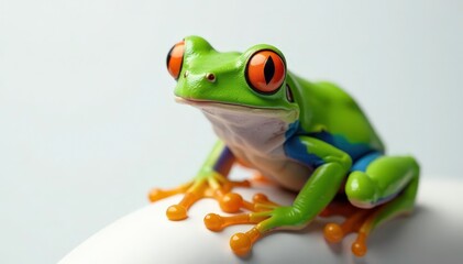 Green tree frog, perched on white, vibrant skin , tree frog, fauna