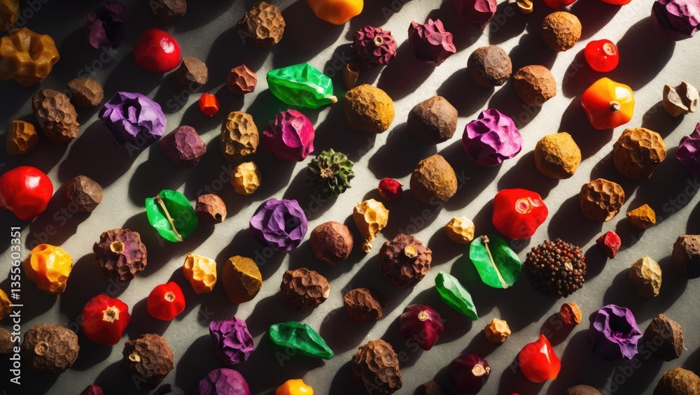 Poster assorted peppercorns in a colorful variety observed from above.