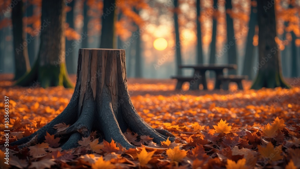 Poster autumn leaves scattered on the ground with a wooden table and forest trees backdrop. space for produ