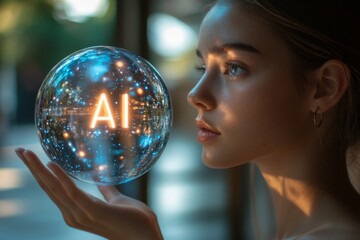 Naklejka premium A young woman holds a luminous orb illustrating AI, her contemplative gaze reflecting the glowing light, set against a softly illuminated background Generative AI