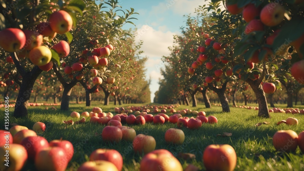 Aufkleber apples on trees in an orchard during the fall season.
