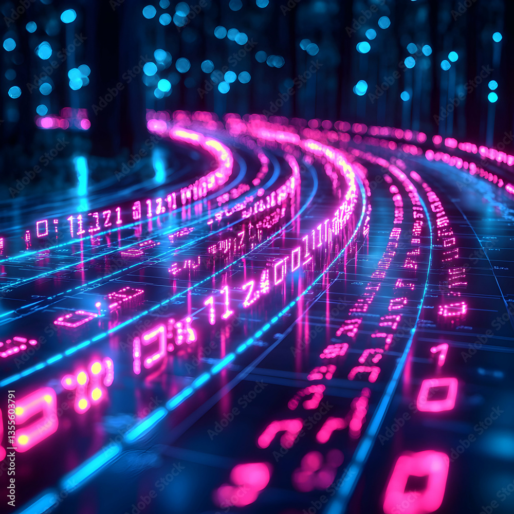 Wall mural a futuristic data stream visualized with glowing pink and blue lights flowing through a forest-like 