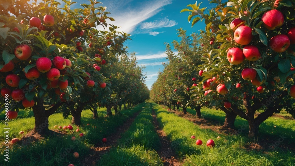 Aufkleber Apple orchard featuring red ripe apples on branches. Two rows of apple trees abundant with fruit observed under a blue sky, almost ready for harvesting.