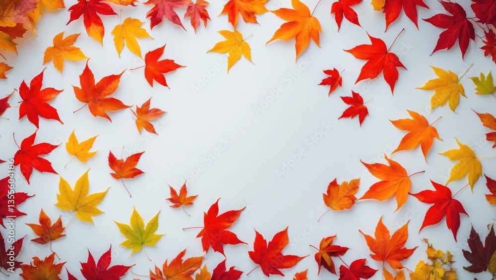 Poster Autumnal maple foliage arranged on a white surface with space available for text. Top view, flat lay.