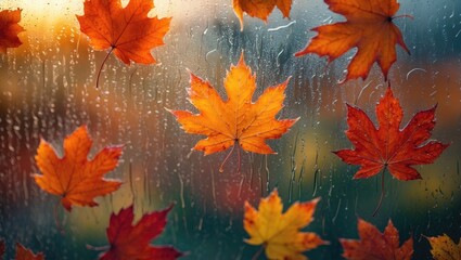 Autumn backdrop featuring autumn leaves on a textured rainy glass, vibrant abstract natural scene. Concept of the fall season.