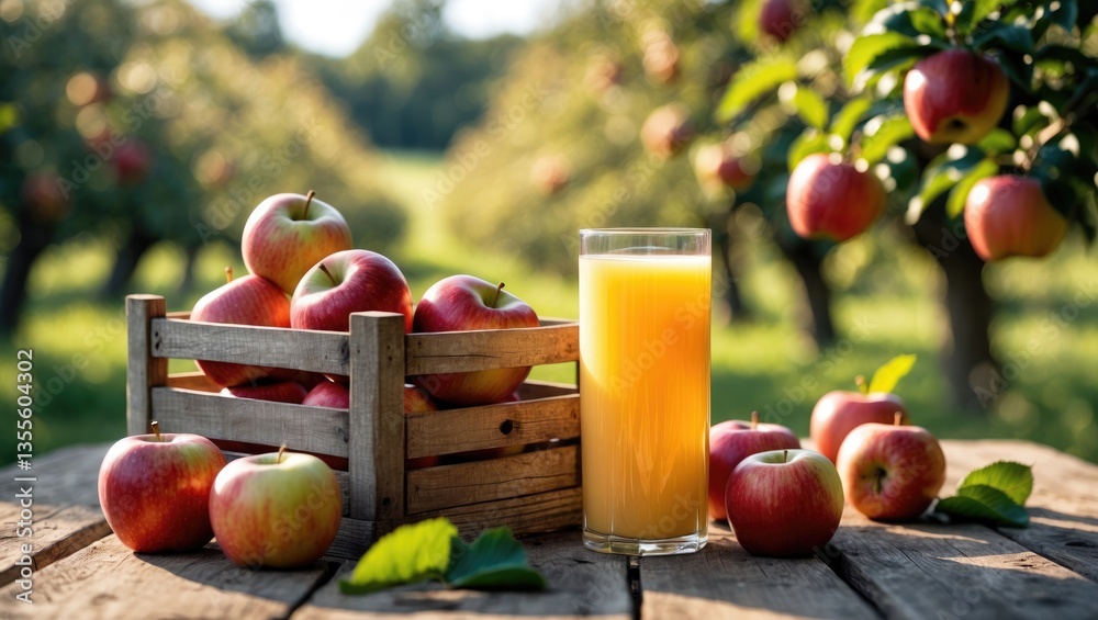 Aufkleber apple crate and glass of juice on wooden table with sunny orchard view - autumn theme